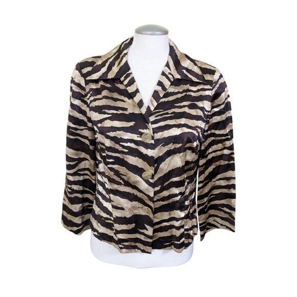 Vintage Talbots Silk Blend Blouse Womens 10 Brown Animal Print Long Sleeve Crop - Picture 1 of 8
